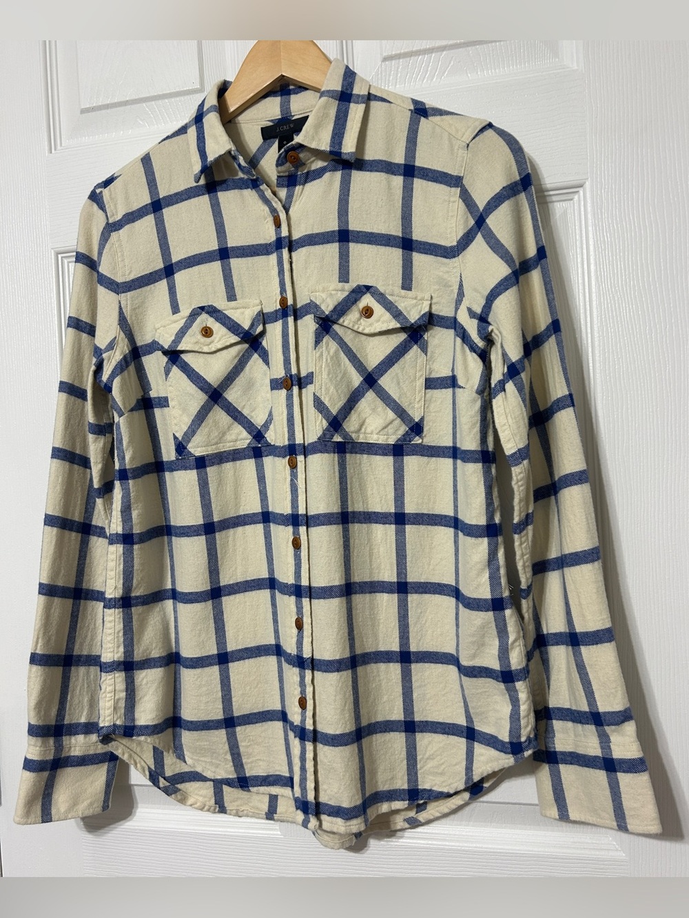 J.Crew Women’s Cotton Flannel Shirt Cream Blue Plaid Button Up Size 0